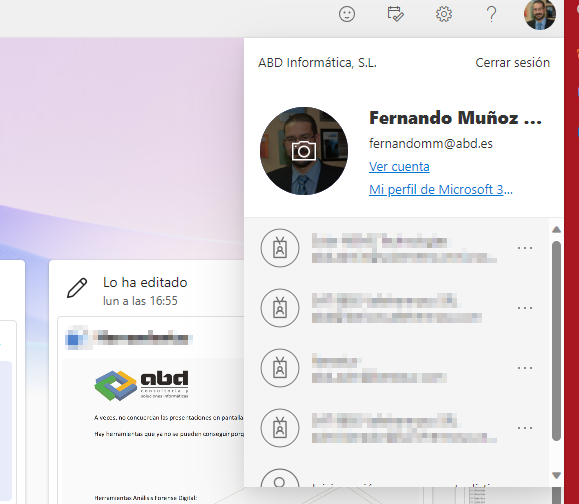 Pantalla de perfil en Microsoft 365 con la opción 'Ver cuenta' resaltada.