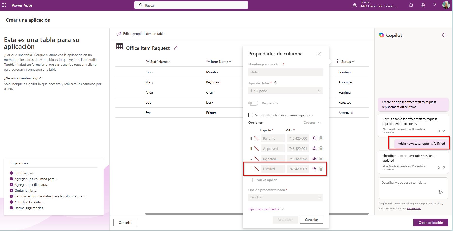 Pedir a Copilot que nos haga modificaciones antes de crear la aplicación. 