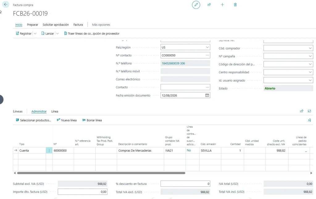 Registrar una factura de importación en Business Central
