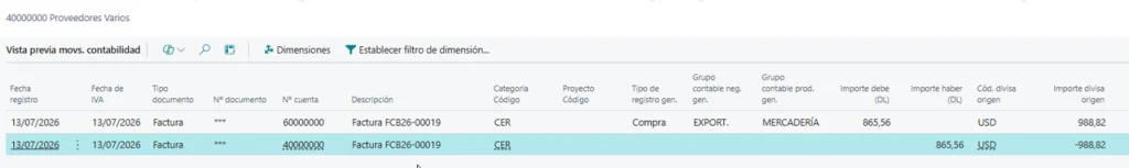 Registrar una factura de importación en Business Central